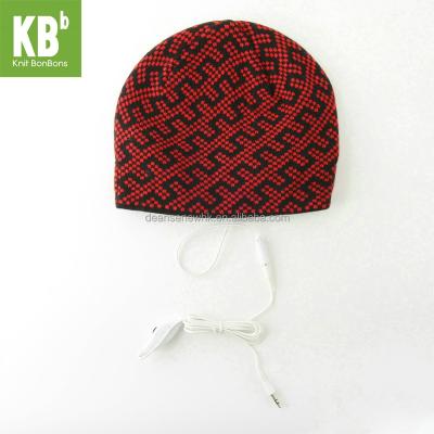 China New JOINT Customize 100% Handmade Acrylic Thick Winter Geometric Thick Winter Unisex Teens Knit Red Wired Headphone Music Beanie Hat for sale