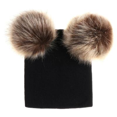 China COMMON Winter Kids Babies Knit Hat With Two Fur Pompoms Boy Girls Ball Beanie Double Faux Fur Pom Pom Hat For Kids Knitted Hats for sale