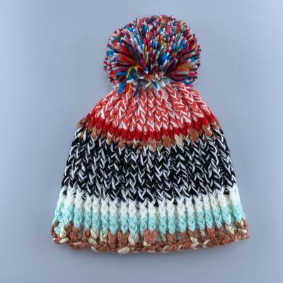 China COMMON High Quality Custom Designed Female Winter Hat Colorful Knitted Acrylic Knit Hat Fur Pom Pom Beanie Hats Wholesale for sale