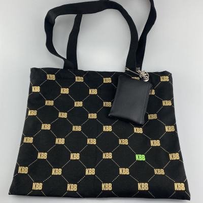 China Custom High Quality Canvas Foldable Monogram Print Shopping Cotton Shoulder Zipper Black Tote Bag With Mini Purse for sale