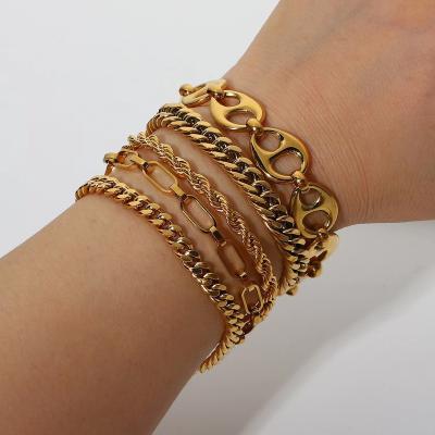 China Waterproof And Rust Proof Women Jewelry Set Chain Bracelet Bangle Flat Snake Stacking 18K Gold Plated Stainless Steel Bracelet For Accessories for sale