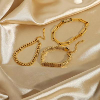 China Waterproof and Rust Proof Retro Mesh Belt Gold Plated Wide Bracelet 18K Gold Plated Stainless Steel Link Chain Bracelet Cuban Chain Bracelets for sale