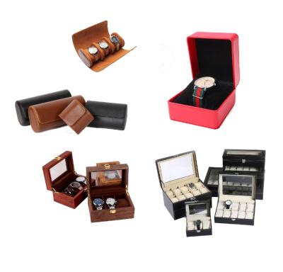 China Custom Logo Leather Watch Case Wrist Wooden Watch Storage Box With Pillow for sale