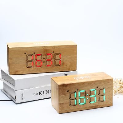 China Wireless Charger Digital Bamboo Desk Alarm Led Wooden Table Clock With Wireless Charger for sale