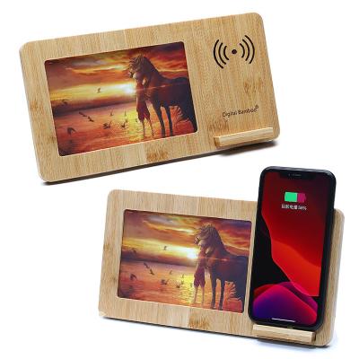 China Eco-friendly Desktop Mobile Phone Holder 10W Bamboo Wooden Wireless Charger Photo Frame for sale