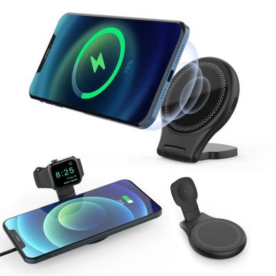 China 15W Magsafing Folding Mobile Phone/Earbuds/Smartwatch 2 in 1 Magnetic Wireless Charger Foldable Stand for Iphone 12 13 Apple Watch Fast Charger for sale