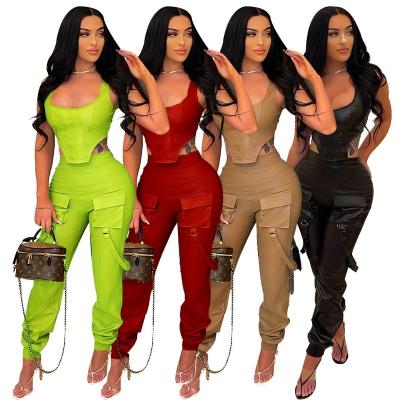 China QUICK DRY Custom Leather Upper Sleeveless Vest PU Crop Logo Women Bottom Wrapped Chest Two Piece Pants Set Summer Clothes for sale