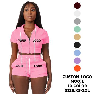 China QUICK DRY Custom Logo Hoodie Short Set Women Zip Up Hooded Crop Hoodie Top Sweatshirt and Shorts Sweat Shorts and Hoodie Jogger Set for sale