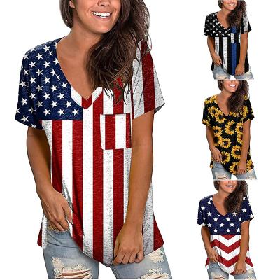 China Anti-pilling fashion flag printing V-neck casual shorts sheath loose women's summer T-shirt tops for sale