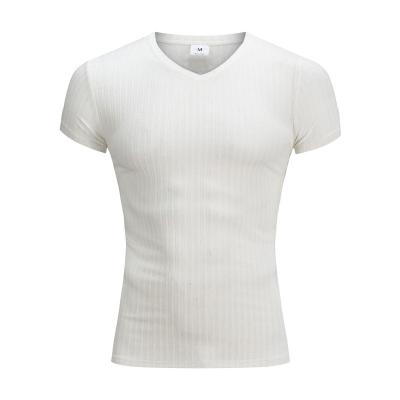 China Summer Men's Fitness Short Sleeve T-shirt Men's Sports Fitness Anti-Wrinkle Fashion Slim Striped V-Neck Tops for sale