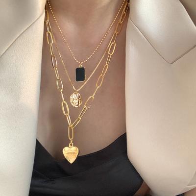 China 4Pcs/set Paperclip Chain Love Heart Necklaces 4Pcs/set Black Square Portrait Necklaces For Women Minimalist Layered Necklaces for sale