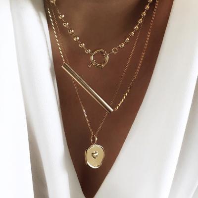 China 3Pcs/Set Long Bar Coin Necklaces 3Pcs/Set Long Bar Coin Necklaces Small Beads Toggle Clasp Choker Necklaces For Women Minimalist Layered Medallion Necklaces for sale