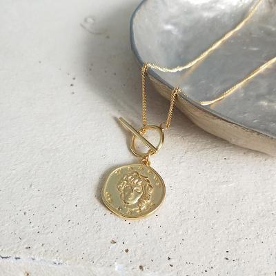 China 925 Sterling Sliver Necklaces Simple Chic Gold Color Portrait Coin Portrait Necklaces Gold Color Pendant Toggle Clasp Necklaces For Women Simple Jewelry Wholesale for sale