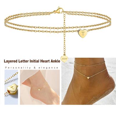 China RINNTIN SA18 FASHIONABLE Hot Selling Beach Jewelry Gifts 14K Gold Delicacy Layered Silver Heart Anklet Bracelets Initial Anklets For Women for sale