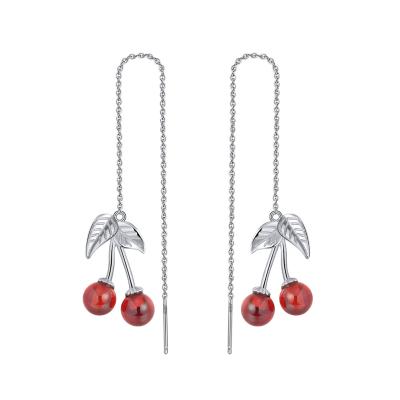 China RINNTIN Cute SE100 Cherry Earrings Cute 925 Sterling Silver Red Garnet Long Chain Earrings For Women Girls for sale