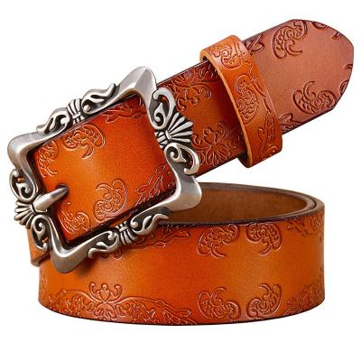 China fashion & casual fashion & Casual Vintage Genuine Leather Waist Belts For Women Whip Embossing Design Pin Buckle Belt for sale