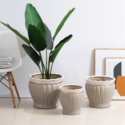 China Large modern single stain indoor matte gold rim floor decoration design pots plant planting ceramic pots for home for sale