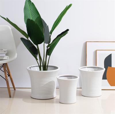 China Wholesale Modern White Embossed Surface Round Large Korean Ceramic Planting Flower Pots For Indoor Plants for sale