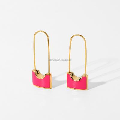 China FASHIONABLE 18K Gold Plated Red Simple Creative Solid Stainless Steel Safety Pin Gold Earring Net Lock Earring Couples Jewelry for sale