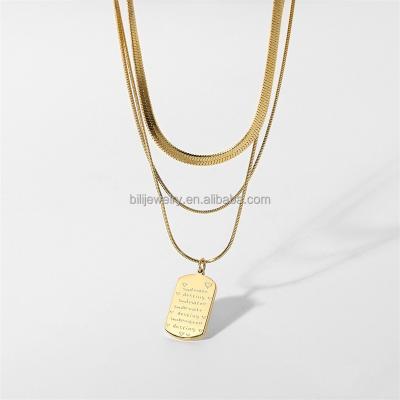 China FASHIONABLE High Quality Triple Chain Snake Chain Stainless Steel 14K Gold Square Pendant Necklace for sale