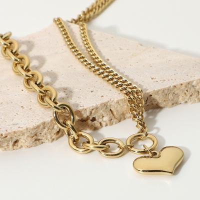 China Hot Selling Gold Heart-shaped Double-Layer High-grade European and American Central Statistical Institute Stainless Steel Chain Stitch Love Pendant Cuban Necklace for sale