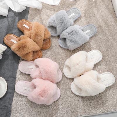 China 2020 Fashion Trend Faux Fur Plush Indoor Slippers Women Bedroom Warm Non-slip Flat Slippers Shoes for sale