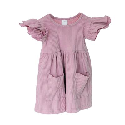 China Wholesale anti-static girls boutique baby ribbed knit ruffle sleeve dress organnic cotton flutter dresses lovely skirt for sale