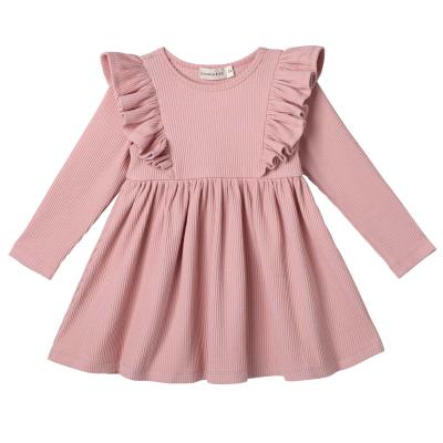 China Anti-Static Toddler Girl Dresses Solid Color 95%bamboo 5%spandex Ruffled Long Sleeve Baby Hat Twirl Bamboo Ribbed Dress for sale