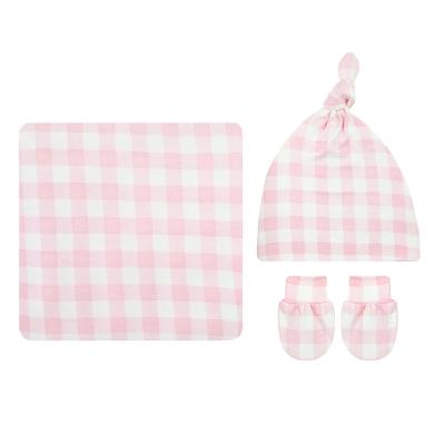 China Breathble comfortable high quality gingham newborn baby knit to wrap sets (tied gown&swaddle&hat&mitten&bows) for sale