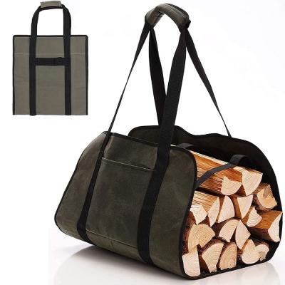 China Waxed Canvas Or Customized Large Capacity Log Waxed Canvas Firewood Tote Bag Fireplace Log Carrier Heavy Duty Racks Firewood Carrier for sale