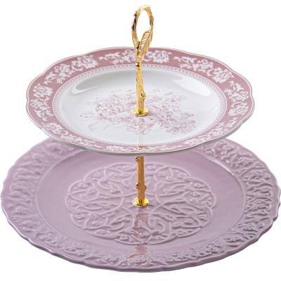 China Viable Custom Ceramic 2 Tier Wedding Table Fruit Snack Cupcake Cake Stand For Tea Party Serving Tray for sale