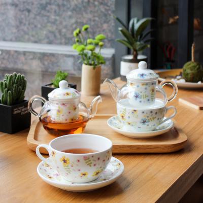 China Europe Customized Glass Teapot Set With Tea Infuser Strainer For One Person Afternoon Tea Ceramic Cup And Saucer for sale