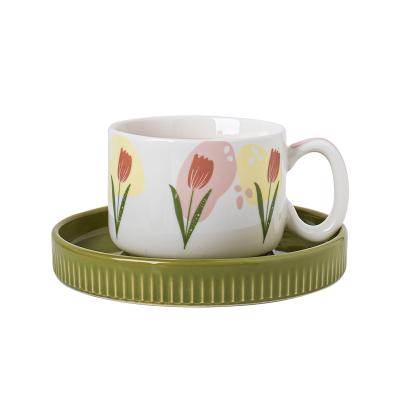 China Latte Viable Cup Tulips Ceramic Coffee Mug With Saucer Porcelain Teacup Set Stoneware Milk Cup for sale