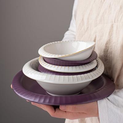 China Viable Wholesale Nordic Luster Matte Purple Ceramic Dinner Plate Porcelain Dinnerware Set Tableware for sale