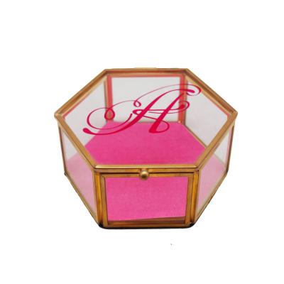 China JB-1358 gift custom design antique small gold jewelry box hexagon and glass hexagon jewelry ring box for sale