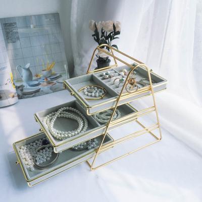 China Retro ins style iron with velvet jewelry stand jellewery box tray jwellery tray for sale