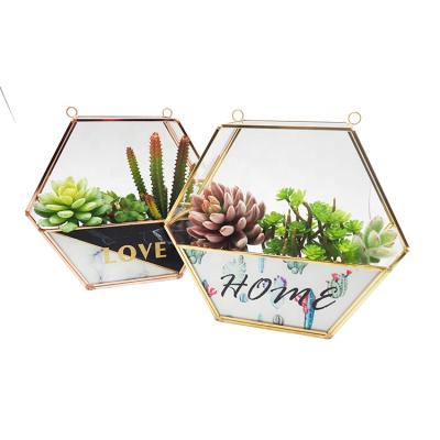 China Wholesale Metal Wall Hanging Shelves Metal Storage Shelves Decor Hexagonal Glass Wall DIY Gifts for sale