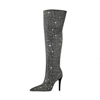 China Waterproof Fashion Custom Stiletto Heeled Lady Thigh High Black Suede Rhinestone Women Over the Knee Boots for sale