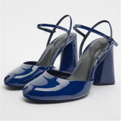 China Light Elegant spring ladies shoes blue patent leather round toe thick heel slingback block heels for women mary jane pumps for sale