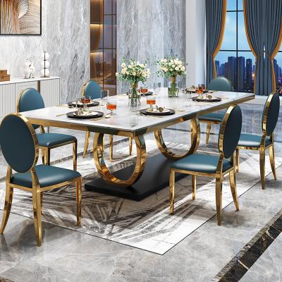 China (Other)Adjustable Luxury Italian Marble Dining Table Set With Chairs 4/6 Seater Rectangle Gold for sale