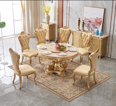 China (Other)Adjustable Luxury Dining Table Sets Wood Round Carved Marble Dining Room Furniture With Rotating Center for sale