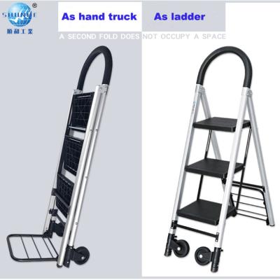 China Household Aluminum Folding Ladders Step Ladder Trolley Three Steps Platform Ladder With 2 Spool-wheels for sale