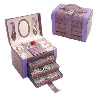 China BMD PU170 Color Crocodile Grain PU LeatherJewelry Purple Jewelry Storage Box With Compartments Handle Fashion Jewelry Gifts Boxes For Women for sale