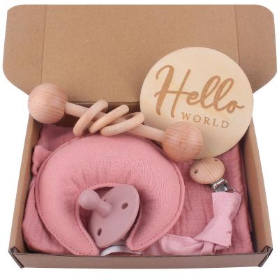 China Folded Baby Shower Gift Set with Wooden Rattle Teether Newborn Pacifier Chain Toys Baby Comforter Blanket Gift Set for sale