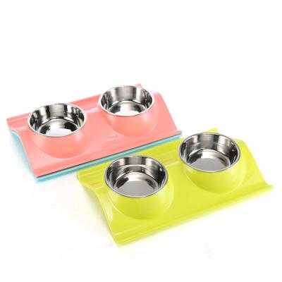 China Sustainable PP Size Double Quality Dog Cat Bowls Premium Stainless Steel Pet Bowls No-puddle Resin Station Food Water Feeder Cats for sale