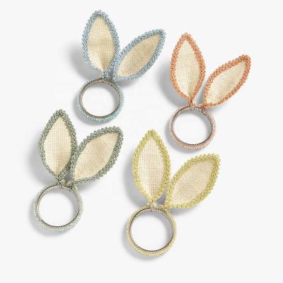 China Viable Easter Bunny Ear Jute Metal Glass Lace Napkin Rings, Set of 4, Assorted for sale