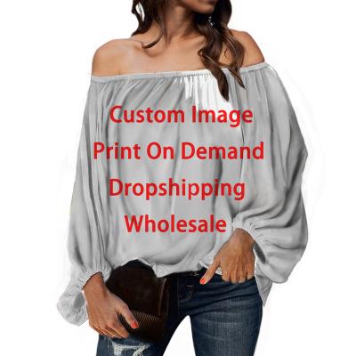 China Custom Sublimation Anti Shrink Design Off The Shoulder Plus Size Ladies Blouses And Tops Long Sleeve Chiffon Blouse Shirt Ladies Loose Tops 2023 for sale