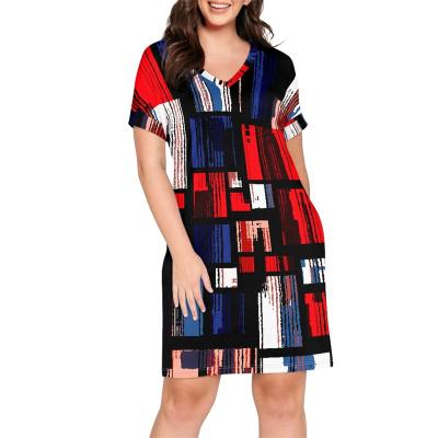 China Breathable Summer Short Sleeve Dress Custom Tribal T-shirt Stylish Modest Polyester Casual Stretchy V-Neck Print Color Block Designs Dress for sale