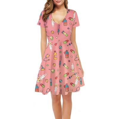 China Wholesale Custom Cartoon Cute Pattern Breathable Medical Treatment Dresses Casual Modest Women Doctor Dresses Nurse Daily Dress Elegant for sale