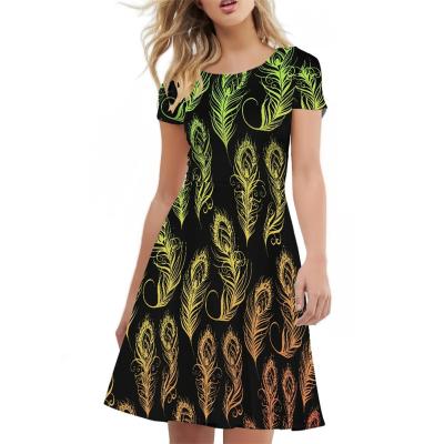 China Wholesale Custom Breathable Peacock Feathers Print Short Sleeve Knee Length Dresses Casual Office Modest Summer 2023 Women Mother Dresses for sale